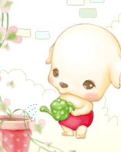 cute kawaii blushy puppy watering flowers